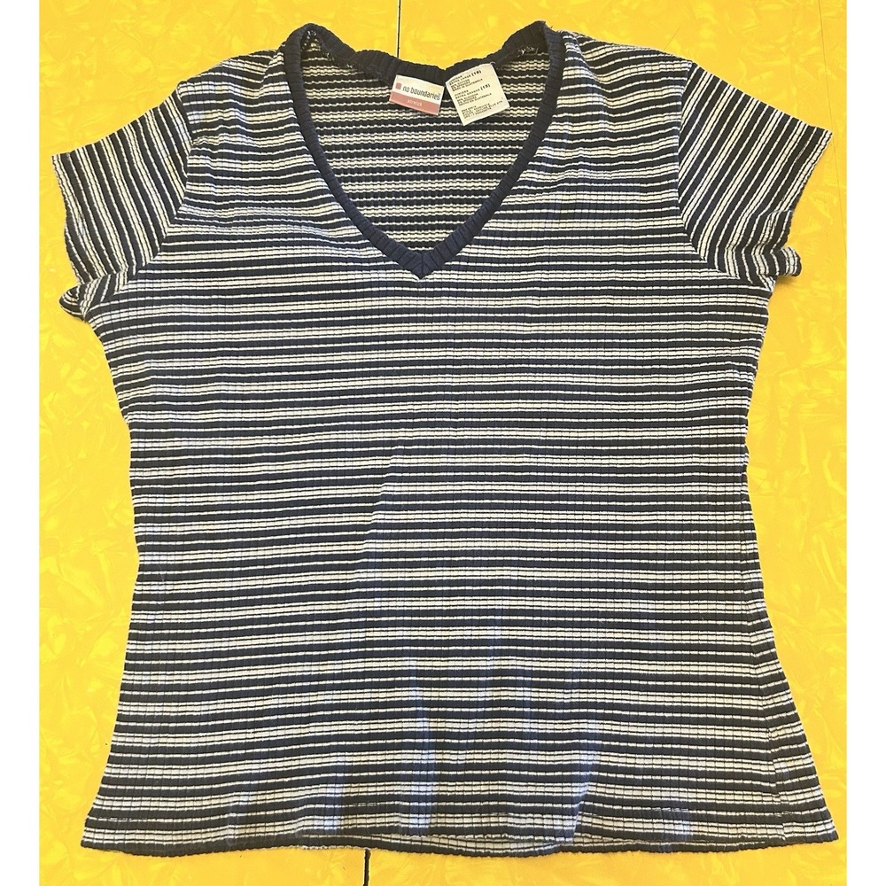 VTG No Bo Blue & White Striped V Neck T Shirt Juniors XL Grunge 90s Y2K Skater